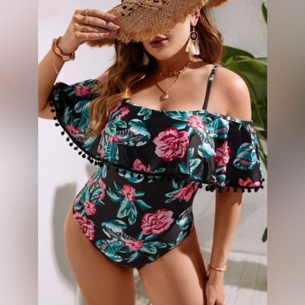 SHEIN Floral Print Pom Pom Trim One Piece Swimsuit Size 0XL